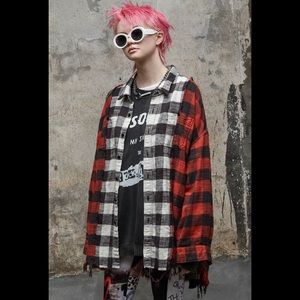 R13 WHITE & RED DROP NECK COMBO WORK SHIRT.  Size Large